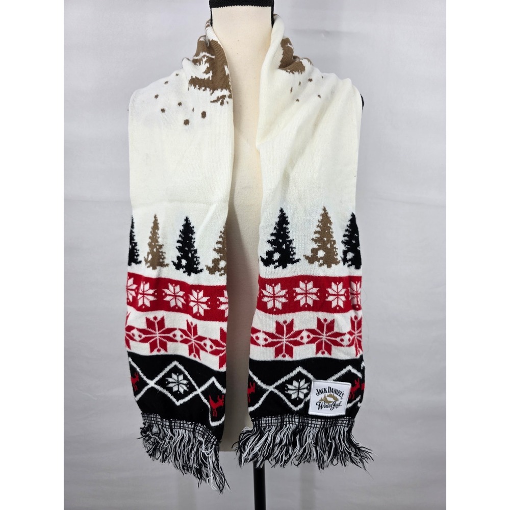Jack Daniels Winter Jack Knit Scarf Fair Isle Snowflake Trees Holiday Fringed